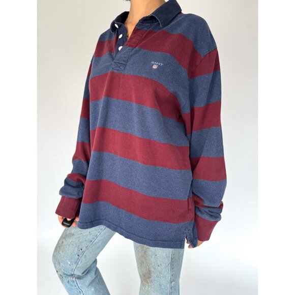 90s vintage GANT striped cotton collared rugby shirt polo unisex mens large 2XL - Picture 3 of 8